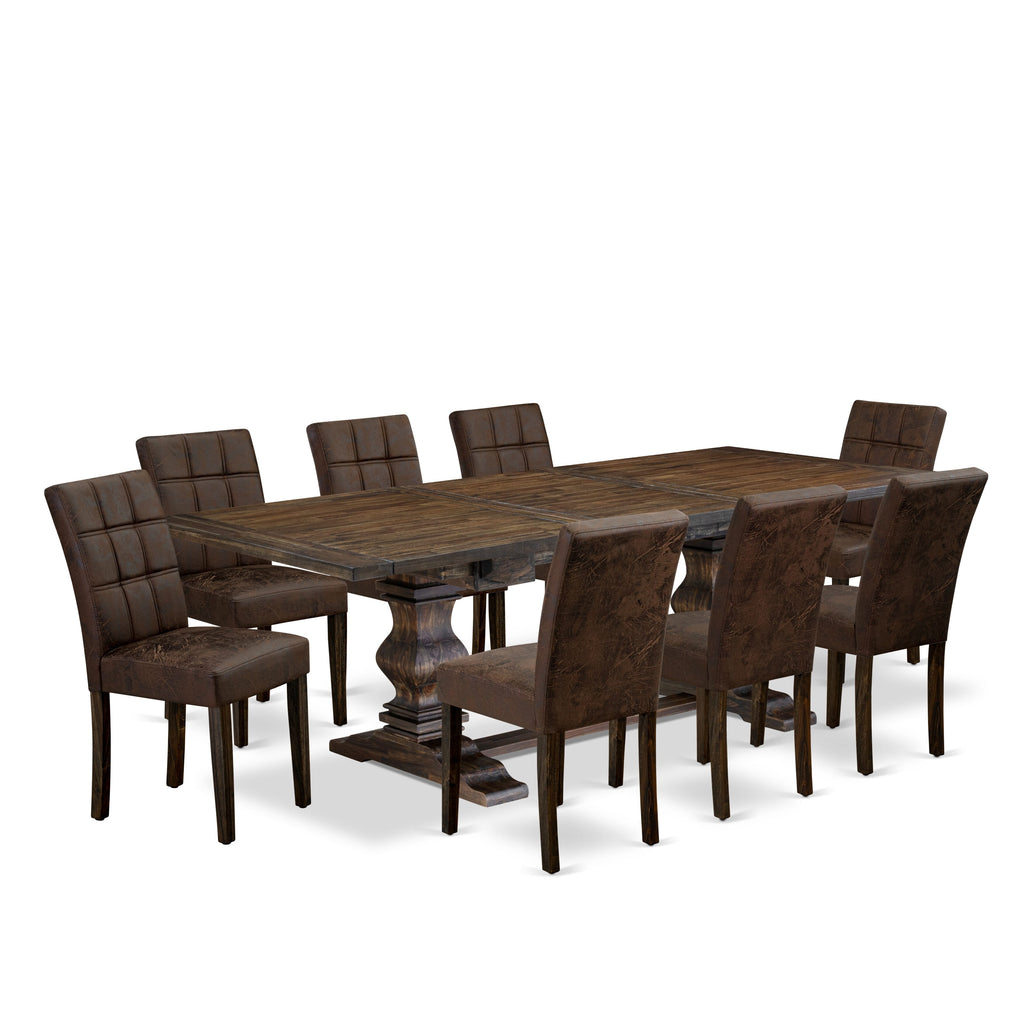 East West Furniture LAAS9-07-T25 9 Piece Table Set consists A Wood Dining Table and 8 Black Textured 
Faux Leather Parson Dining Chairs, Distressed Jacobean