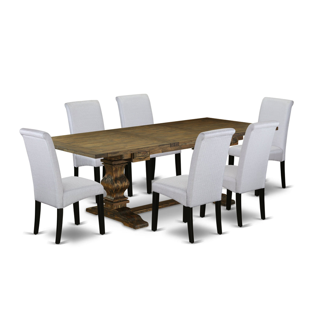 East West Furniture LABA7-71-05 7 Piece Kitchen Table Set Consist of a Rectangle Dining Table with Butterfly Leaf and 6 Grey Linen Fabric Parsons Dining Chairs, 42x92 Inch, Jacobean