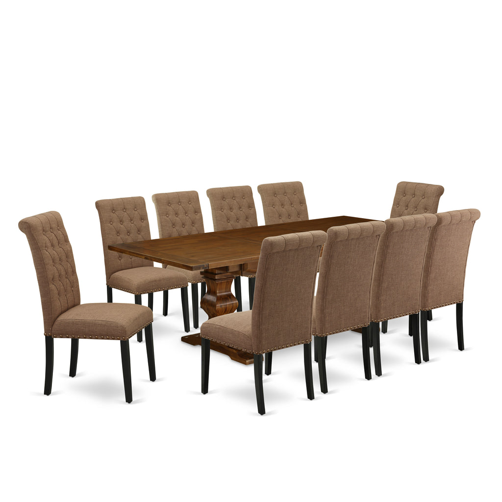 East West Furniture LABR11-81-17 11 Piece Dining Set Includes a Rectangle Dining Table with Butterfly Leaf and 10 Light Sable Linen Fabric Upholstered Chairs, 42x92 Inch, Walnut
