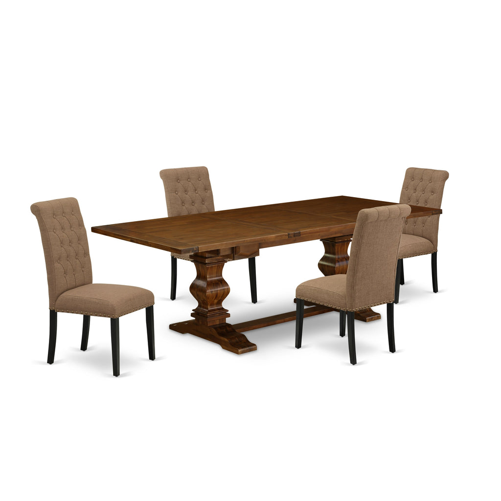 East West Furniture LABR5-81-17 5 Piece Kitchen Table & Chairs Set Includes a Rectangle Butterfly Leaf Dining Table and 4 Light Sable Linen Fabric Parson Chairs, 42x92 Inch, Walnut