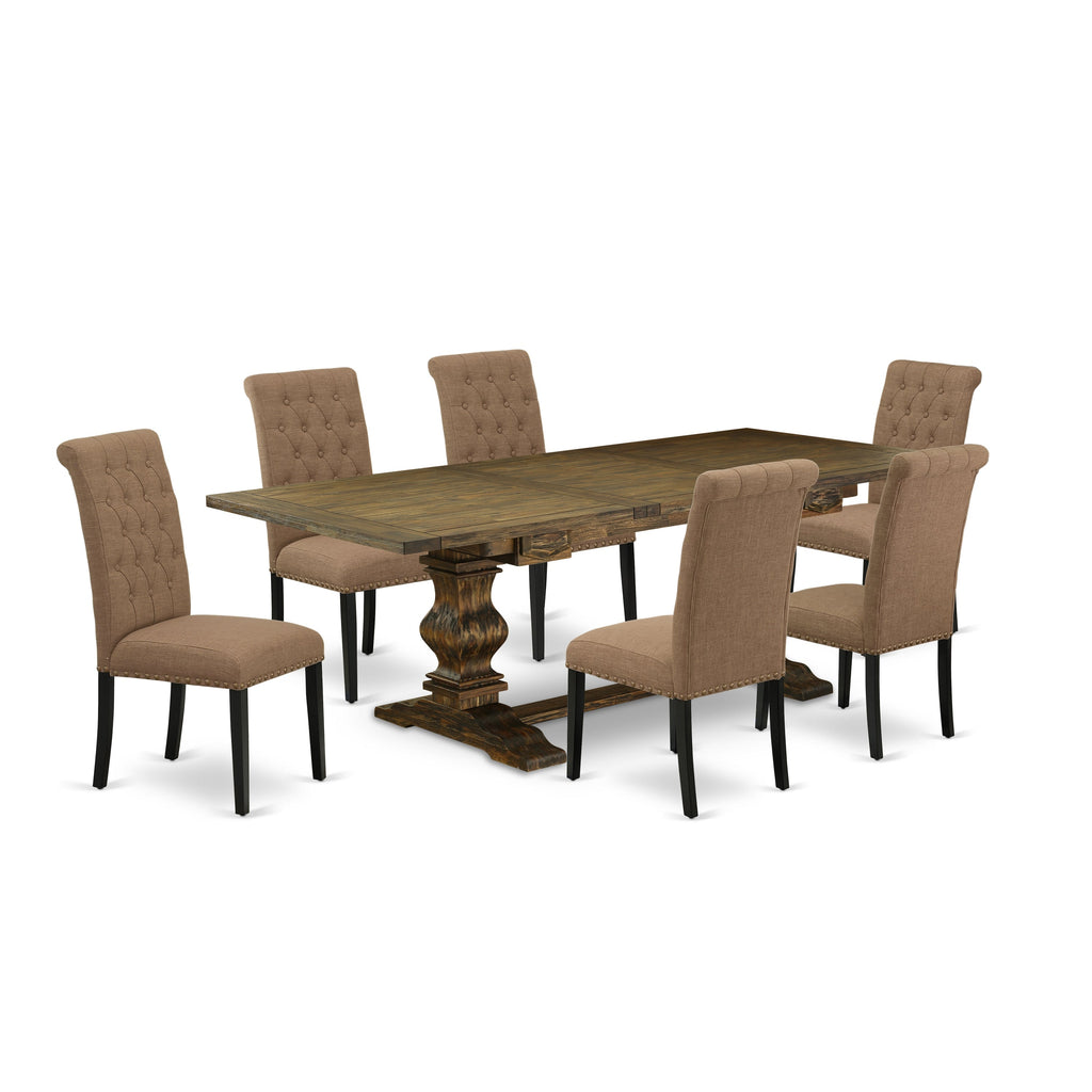 East West Furniture LABR7-71-17 7 Piece Dining Table Set Consist of a Rectangle Butterfly Leaf Table and 6 Light Sable Linen Fabric Upholstered Chairs, 42x92 Inch, Jacobean