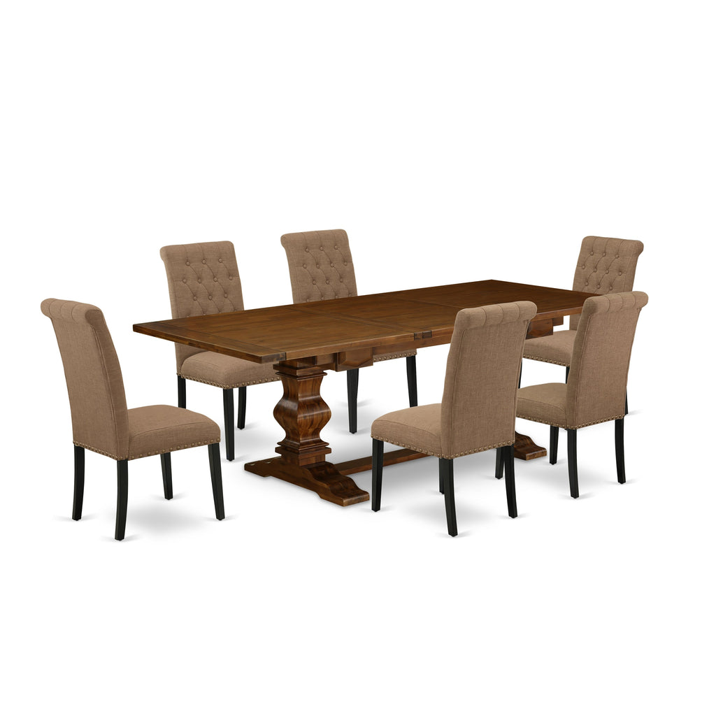 East West Furniture LABR7-81-17 7 Piece Dinette Set Consist of a Rectangle Dining Room Table with Butterfly Leaf and 6 Light Sable Linen Fabric Parsons Chairs, 42x92 Inch, Walnut