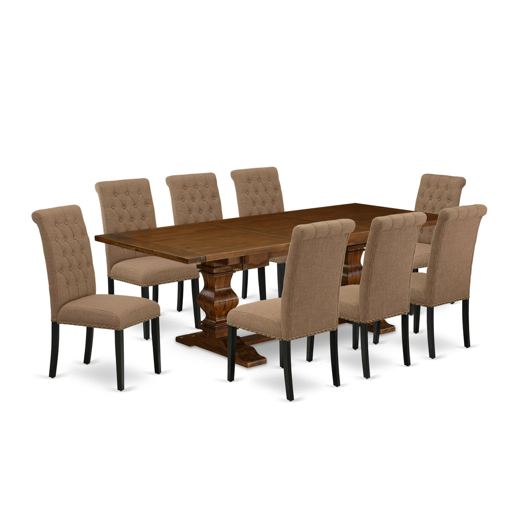 East West Furniture LABR9-81-17 9 Piece Dining Set Includes a Rectangle Dining Room Table with Butterfly Leaf and 8 Light Sable Linen Fabric Upholstered Chairs, 42x92 Inch, Walnut