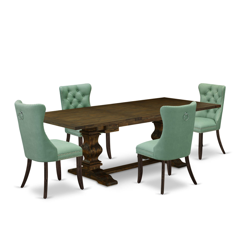 East West Furniture LADA5-07-T22 5 Piece Dining Table Set Contains a Rectangle Wooden Table with Butterfly Leaf and 4 Upholstered Chairs, 42x92 Inch, Distressed Jacobean