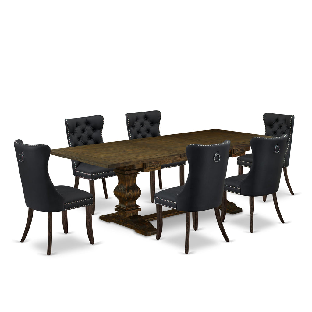 East West Furniture LADA7-07-T12 7 Piece Dining Table Set Includes a Rectangle Wooden Table with Butterfly Leaf and 6 Upholstered Chairs, 42x92 Inch, Distressed Jacobean