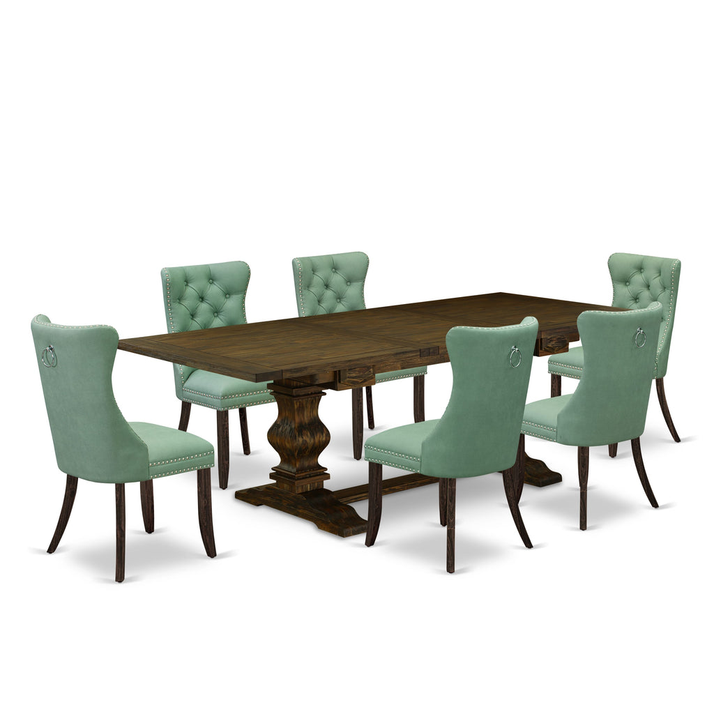 East West Furniture LADA7-07-T22 7 Piece Kitchen Set Consists of a Rectangle Dining Table with Butterfly Leaf and 6 Upholstered Chairs, 42x92 Inch, Distressed Jacobean