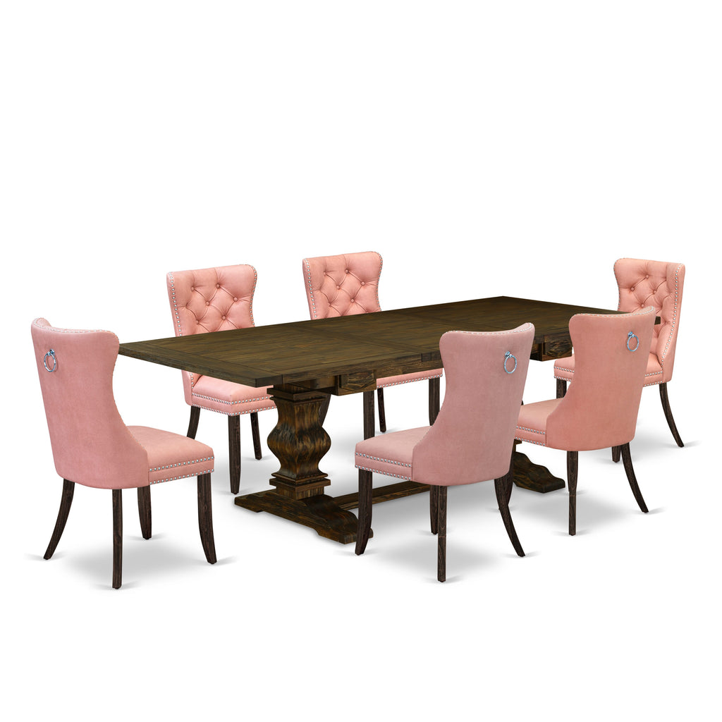 East West Furniture LADA7-07-T23 7 Piece Dining Set Includes a Rectangle Solid Wood Table with Butterfly Leaf and 6 Upholstered Chairs, 42x92 Inch, Distressed Jacobean
