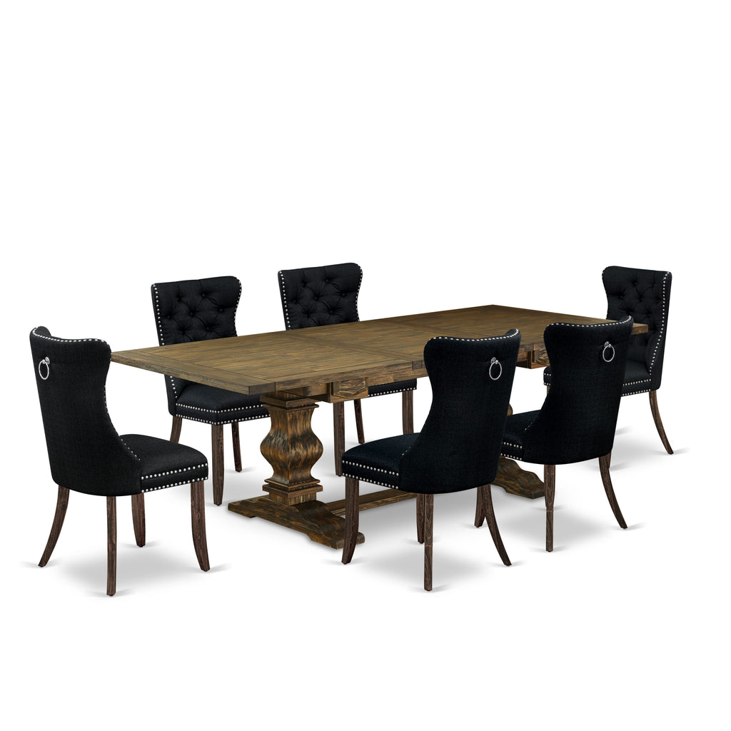 East West Furniture LADA7-07-T24 7 Piece Dining Table Set Includes a Rectangle Kitchen Table with Butterfly Leaf and 6 Upholstered Chairs, 42x92 Inch, Distressed Jacobean