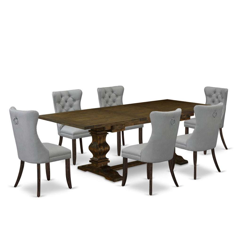 East West Furniture LADA7-07-T27 7 Piece Dining Set Includes a Rectangle Solid Wood Table with Butterfly Leaf and 6 Upholstered Chairs, 42x92 Inch, Distressed Jacobean