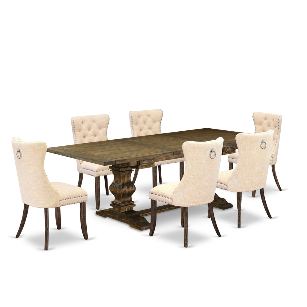 East West Furniture LADA7-07-T32 7 Piece Kitchen Set Consists of a Rectangle Dining Table with Butterfly Leaf and 6 Upholstered Chairs, 42x92 Inch, Distressed Jacobean