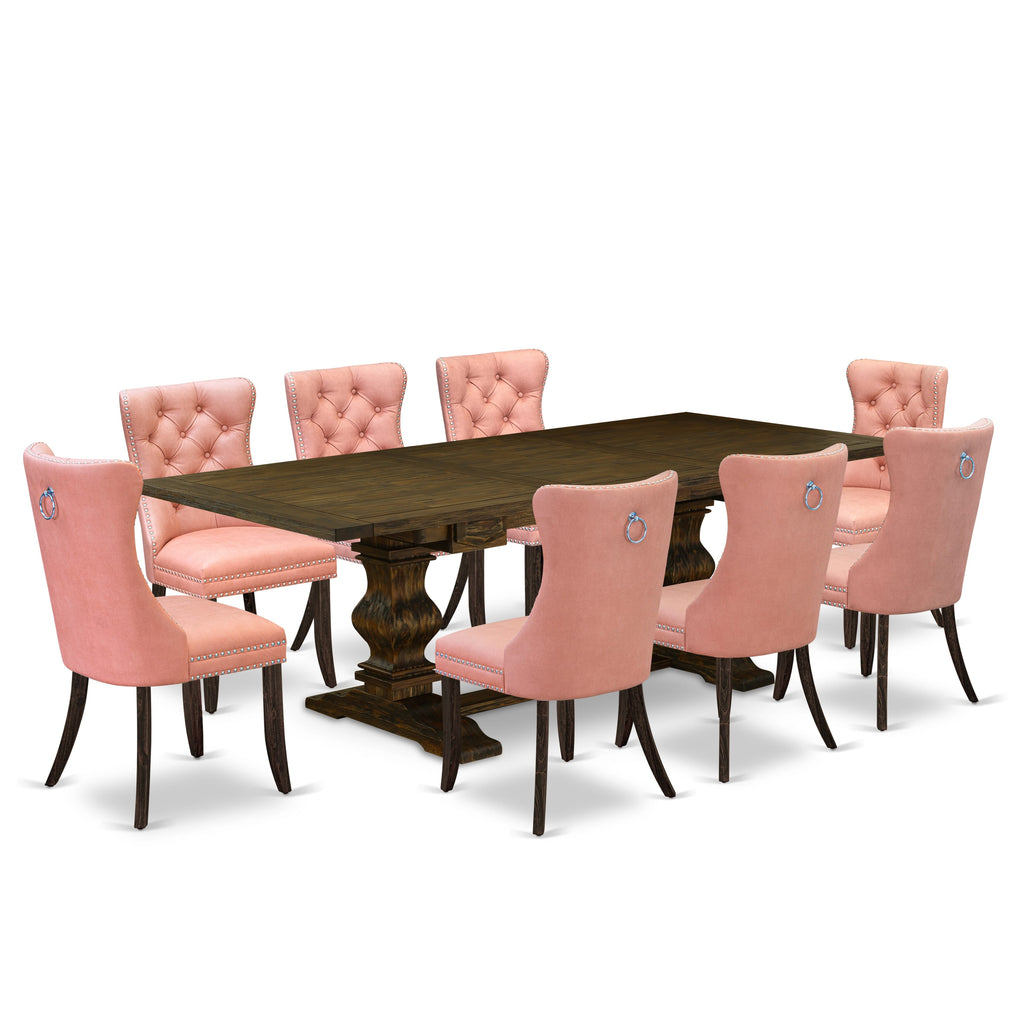 East West Furniture LADA9-07-T23 9 Piece Kitchen Set Consists of a Rectangle Dining Table with Butterfly Leaf and 8 Upholstered Chairs, 42x92 Inch, Distressed Jacobean