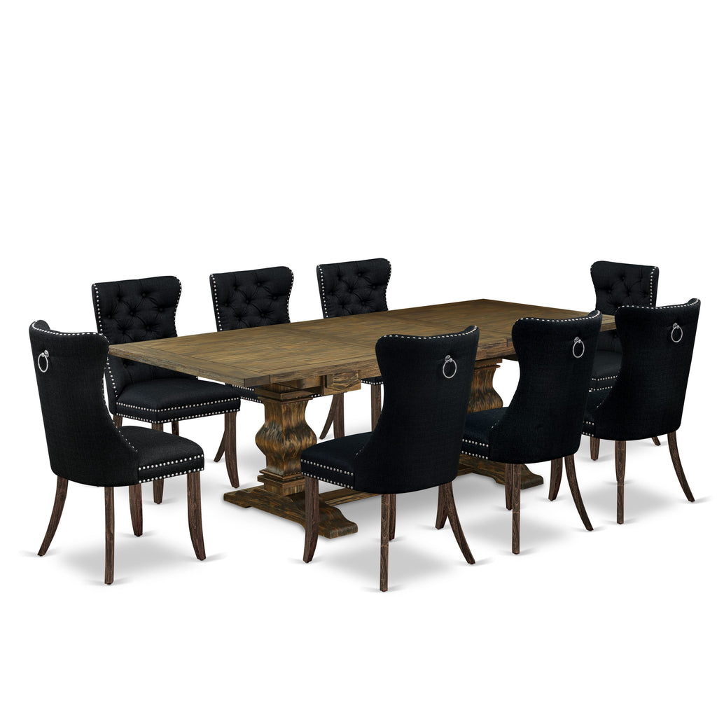 East West Furniture LADA9-07-T24 9 Piece Dining Table Set Includes a Rectangle Kitchen Table with Butterfly Leaf and 8 Padded Chairs, 42x92 Inch, Distressed Jacobean