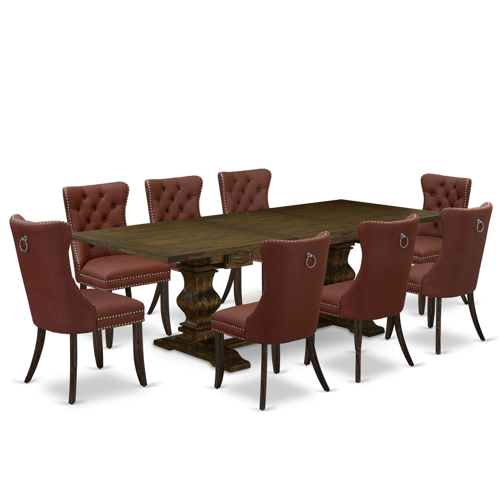 East West Furniture LADA9-07-T26 9 Piece Dining Table Set Includes a Rectangle Kitchen Table with Butterfly Leaf and 8 Upholstered Chairs, 42x92 Inch, Distressed Jacobean