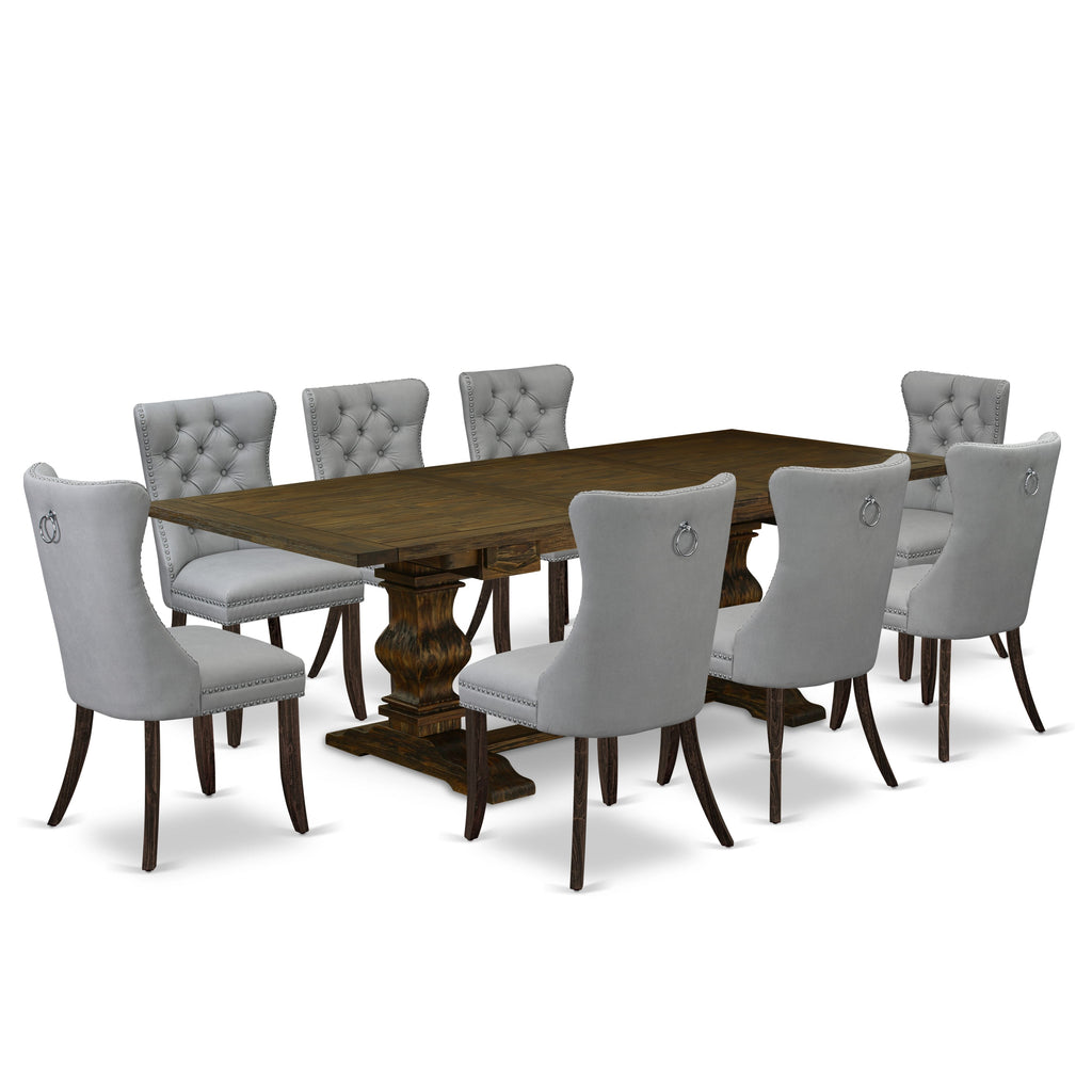 East West Furniture LADA9-07-T27 9 Piece Dinette Set Contains a Rectangle Dining Table with Butterfly Leaf and 8 Upholstered Chairs, 42x92 Inch, Distressed Jacobean