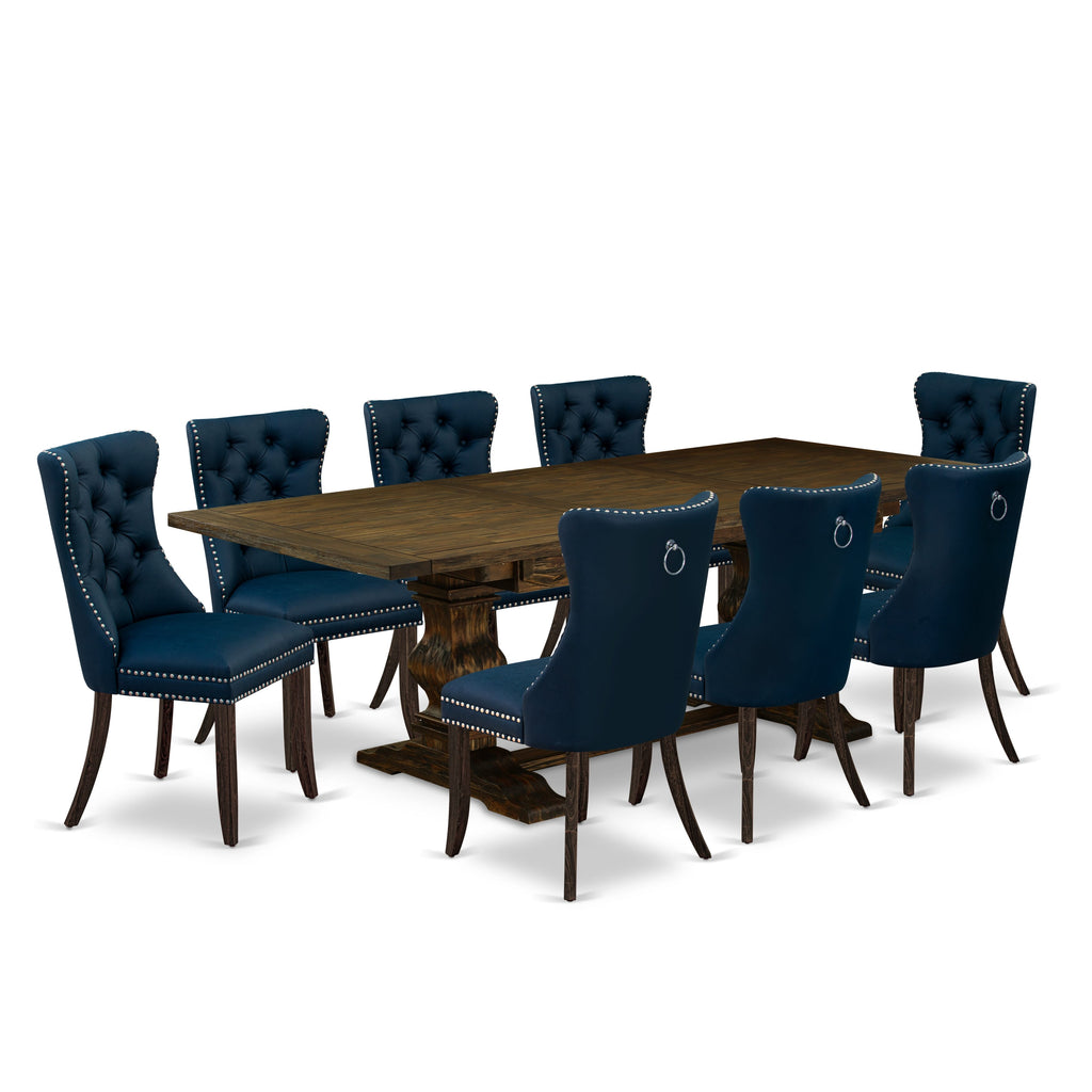East West Furniture LADA9-07-T29 9 Piece Dining Set Consists of a Rectangle Kitchen Table with Butterfly Leaf and 8 Upholstered Chairs, 42x92 Inch, Distressed Jacobean