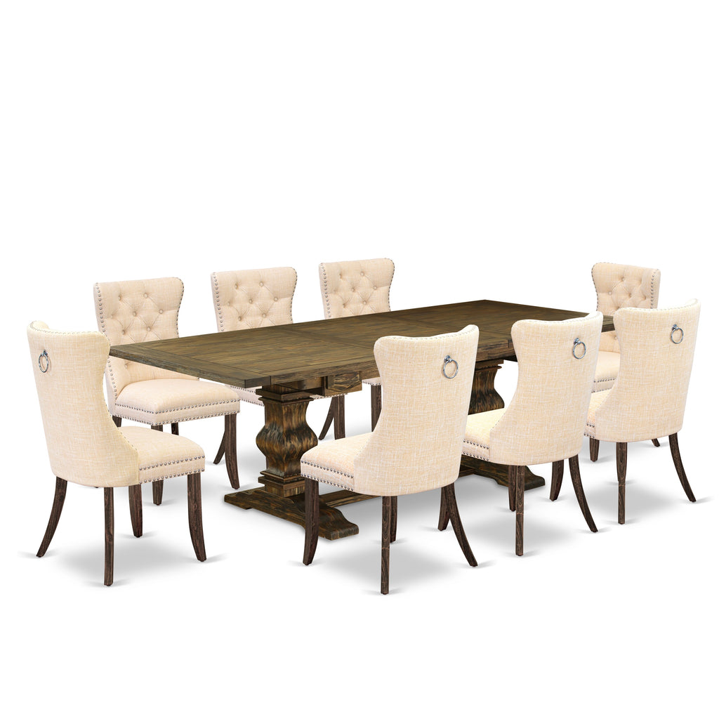 East West Furniture LADA9-07-T32 9 Piece Kitchen Set Includes a Rectangle Dining Table with Butterfly Leaf and 8 Upholstered Chairs, 42x92 Inch, Distressed Jacobean