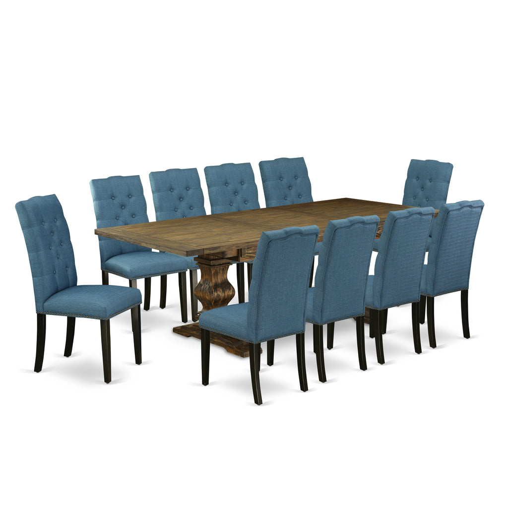 East West Furniture LAEL11-71-21 11 Piece Dinette Set Includes a Rectangle Dining Table with Butterfly Leaf and 10 Blue Linen Fabric Parson Dining Room Chairs, 42x92 Inch, Jacobean