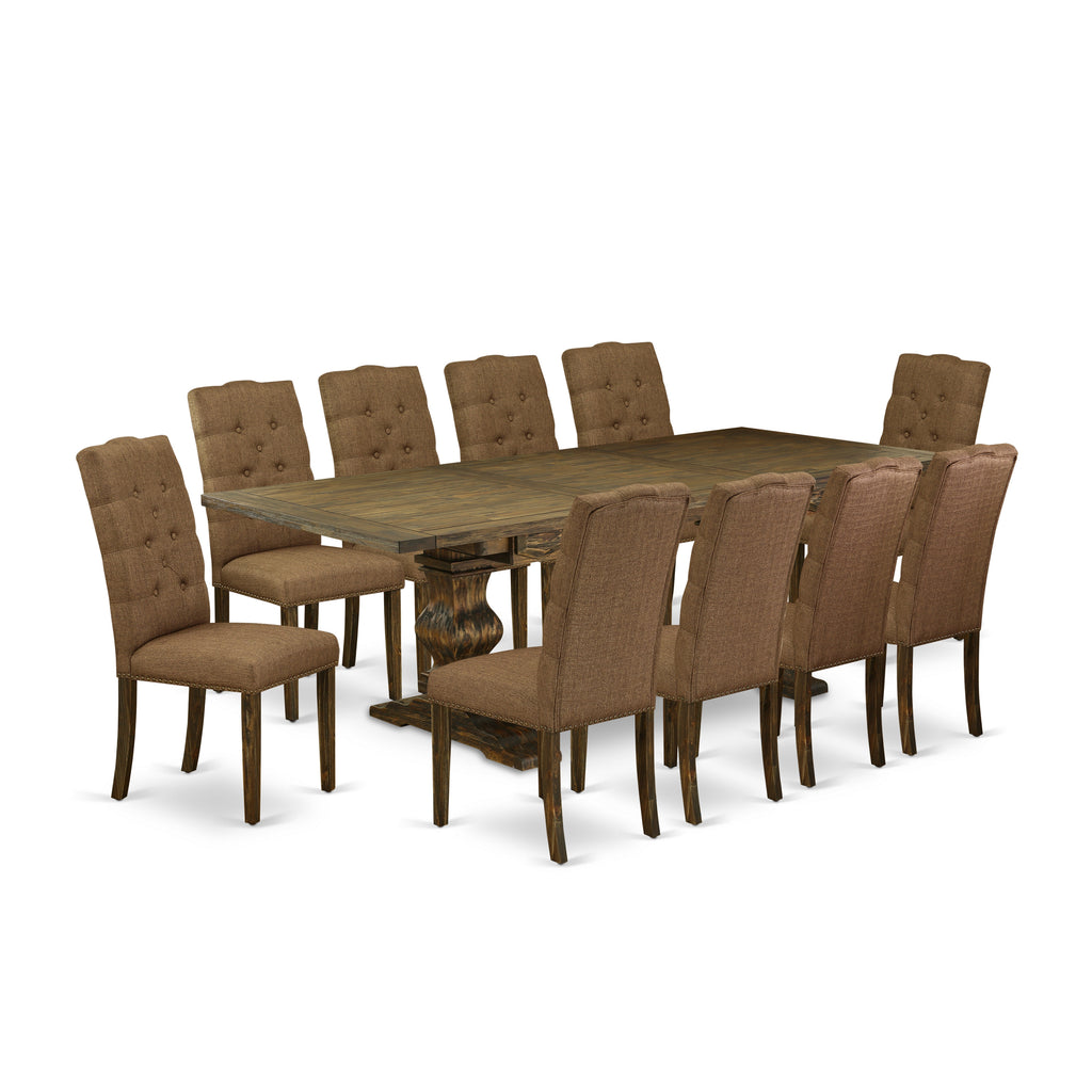 East West Furniture LAEL11-77-18 11 Piece Dining Set Includes a Rectangle Dining Room Table with Butterfly Leaf and 10 Brown Linen Linen Fabric Parsons Chairs, 42x92 Inch, Jacobean