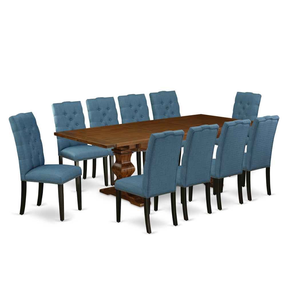 East West Furniture LAEL11-81-21 11 Piece Dinette Set Includes a Rectangle Dining Room Table with Butterfly Leaf and 10 Blue Linen Fabric Upholstered Parson Chairs, 42x92 Inch, Walnut