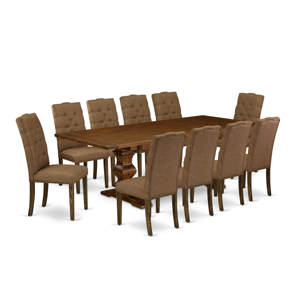 East West Furniture LAEL11-87-18 11-Pc Dining Set - A Butterfly Leaf Double Pedestal Wooden Dining Table and 10 Brown Linen Fabric Dining Chairs with Button Tufted Back - Antique Walnut Finish