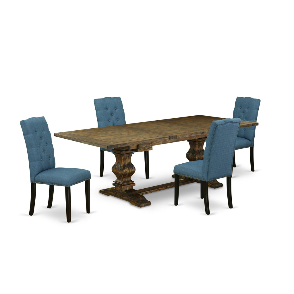 East West Furniture LAEL5-71-21 5 Piece Dining Room Table Set Includes a Rectangle Kitchen Table with Butterfly Leaf and 4 Blue Linen Fabric Parsons Dining Chairs, 42x92 Inch, Jacobean