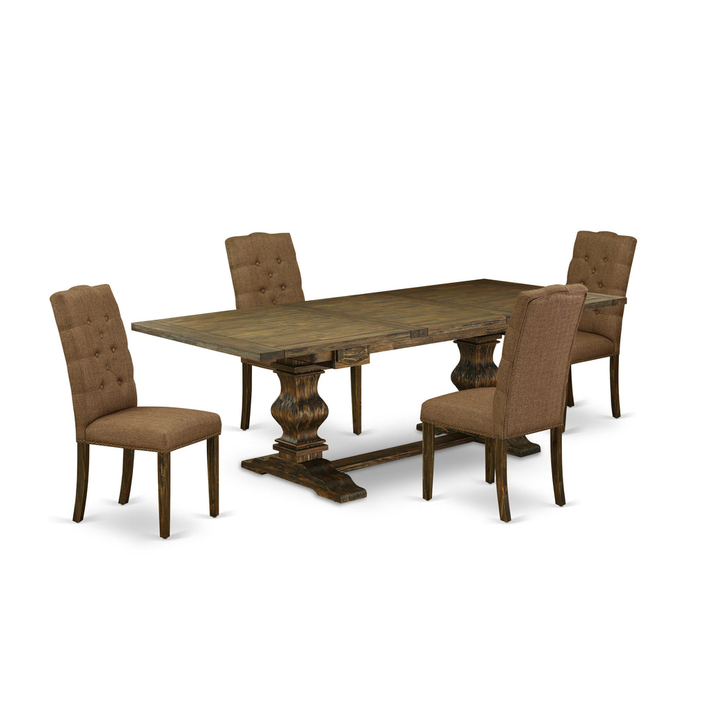 East West Furniture LAEL5-77-18 5 Piece Dining Room Table Set Includes a Rectangle Butterfly Leaf Kitchen Table and 4 Brown Linen Linen Fabric Upholstered Chairs, 42x92 Inch, Jacobean