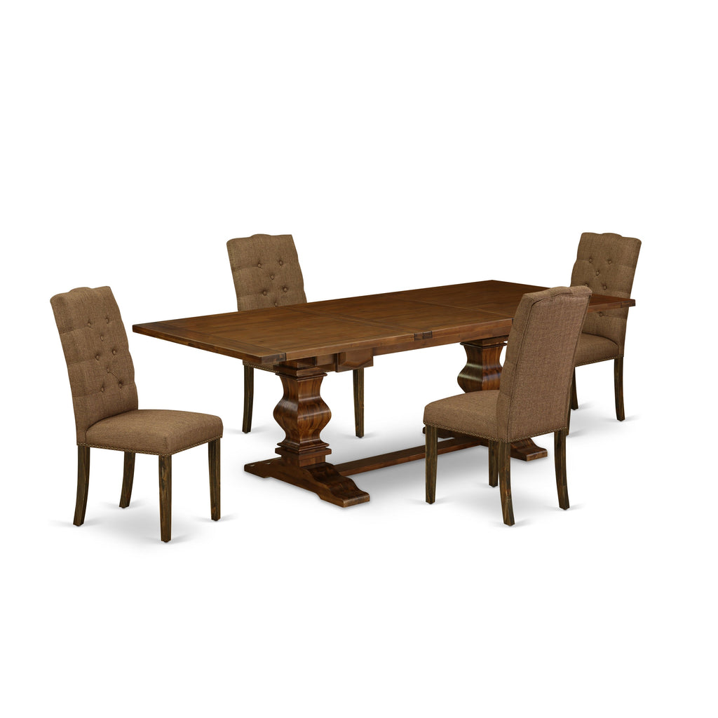 East West Furniture LAEL5-87-18 5 Piece Dining Set Includes a Rectangle Dining Room Table with Butterfly Leaf and 4 Brown Linen Linen Fabric Upholstered Chairs, 42x92 Inch, Walnut