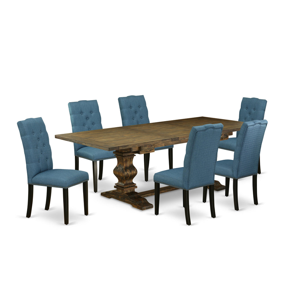 East West Furniture LAEL7-71-21 7 Piece Dining Table Set Consist of a Rectangle Kitchen Table with Butterfly Leaf and 6 Blue Linen Fabric Upholstered Chairs, 42x92 Inch, Jacobean
