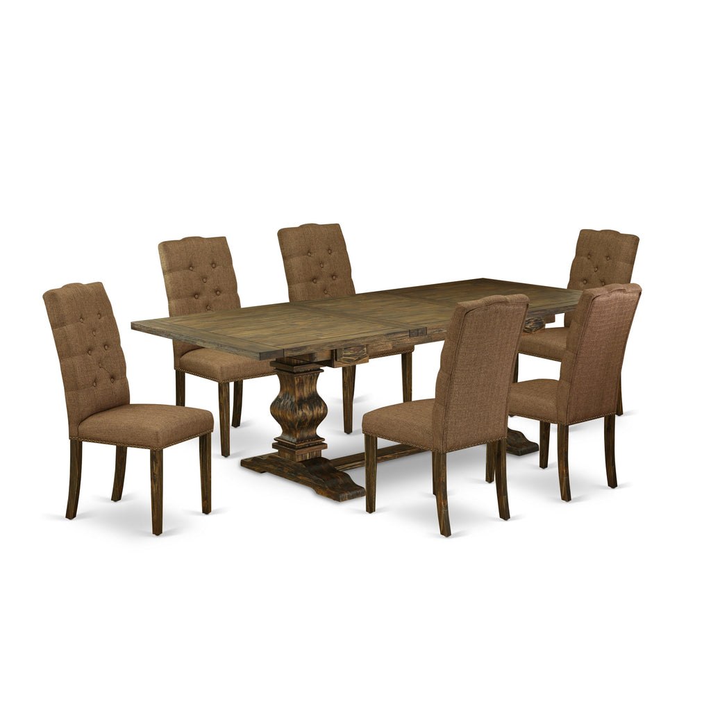 East West Furniture LAEL7-77-18 7 Piece Dining Set Consist of a Rectangle Dining Room Table with Butterfly Leaf and 6 Brown Linen Linen Fabric Upholstered Chairs, 42x92 Inch, Jacobean