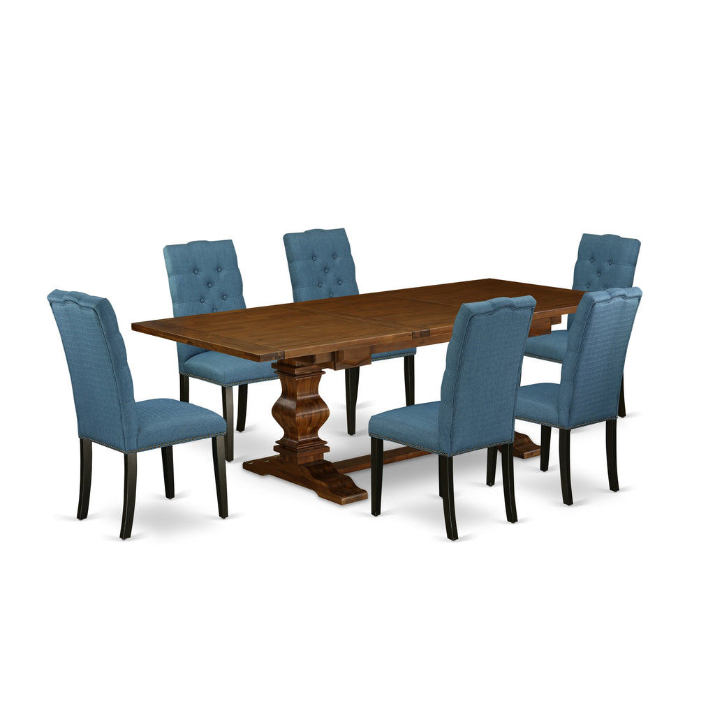 East West Furniture LAEL7-81-21 7 Piece Dinette Set Consist of a Rectangle Dining Room Table with Butterfly Leaf and 6 Blue Linen Fabric Upholstered Chairs, 42x92 Inch, Walnut