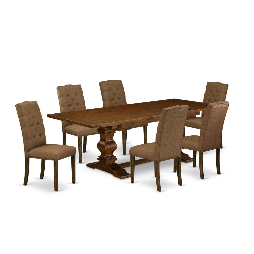 East West Furniture LAEL7-87-18 7 Piece Modern Dining Table Set Consist of a Rectangle Wooden Table with Butterfly Leaf and 6 Brown Linen Linen Fabric Parson Chairs, 42x92 Inch, Walnut