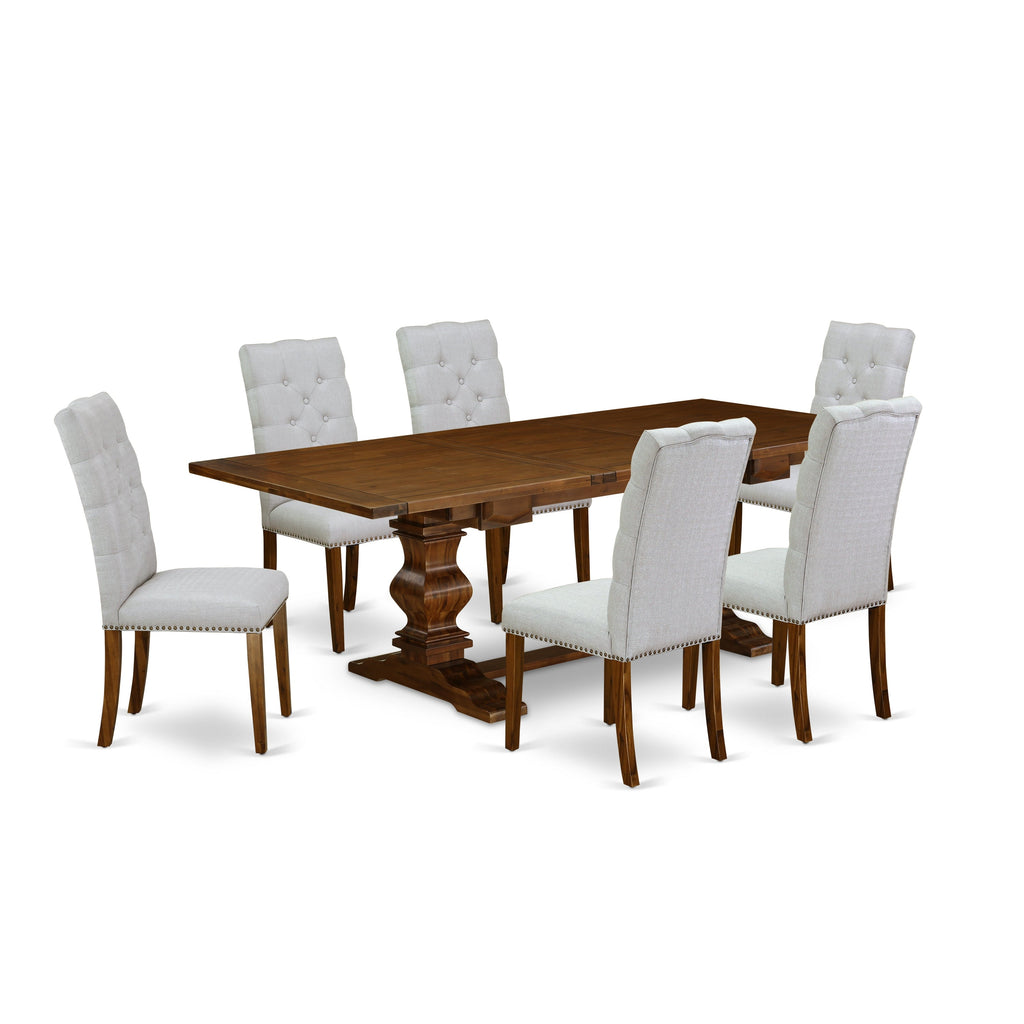 East West Furniture LAEL7-88-05 7 Piece Dining Room Table Set Consist of a Rectangle Kitchen Table with Butterfly Leaf and 6 Grey Linen Fabric Parson Dining Chairs, 42x92 Inch, Walnut