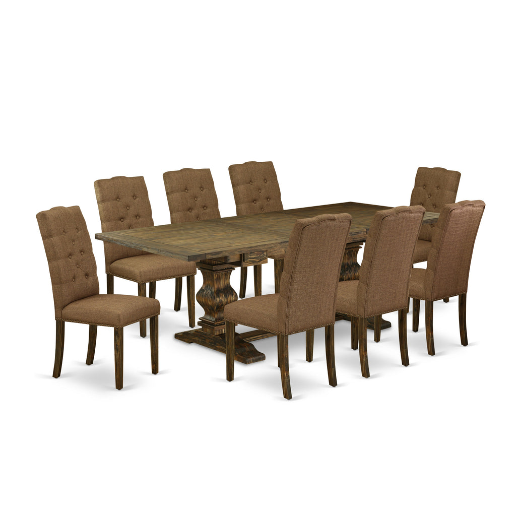 East West Furniture LAEL9-77-18 9 Piece Kitchen Table Set Includes a Rectangle Dining Table with Butterfly Leaf and 8 Brown Linen Linen Fabric Upholstered Chairs, 42x92 Inch, Jacobean