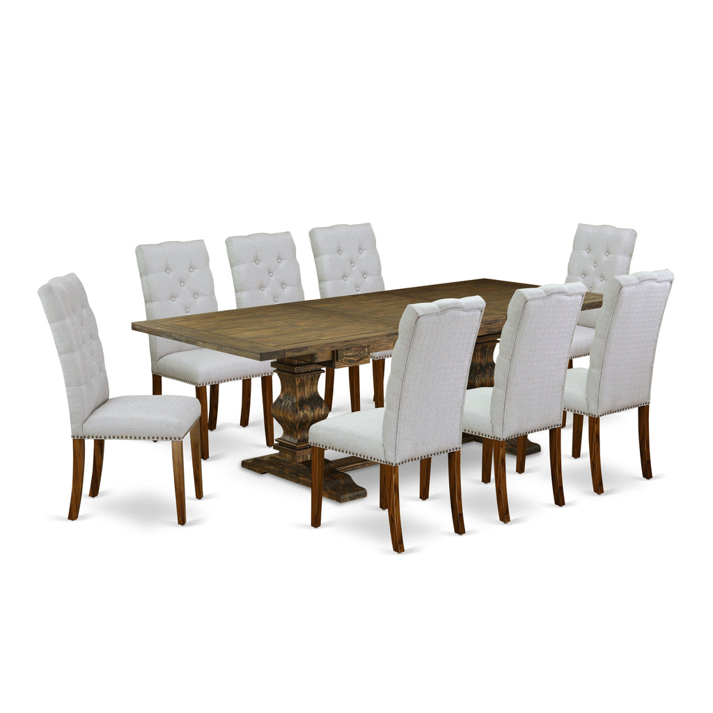 East West Furniture LAEL9-78-05 9 Piece Dining Set Includes a Rectangle Dining Room Table with Butterfly Leaf and 8 Grey Linen Fabric Upholstered Chairs, 42x92 Inch, Jacobean