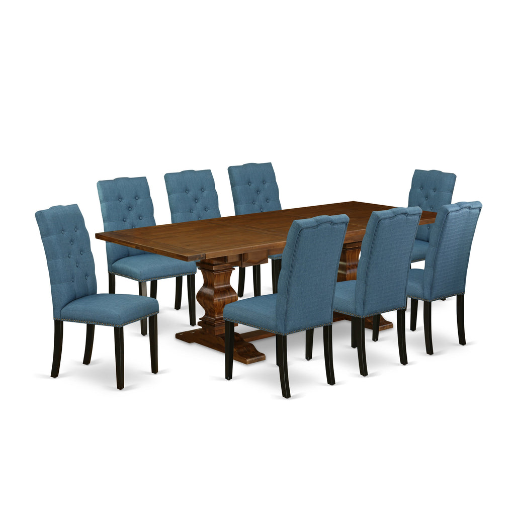 East West Furniture LAEL9-81-21 9 Piece Dining Table Set Includes a Rectangle Dining Room Table with Butterfly Leaf and 8 Blue Linen Fabric Parsons Chairs, 42x92 Inch, Walnut