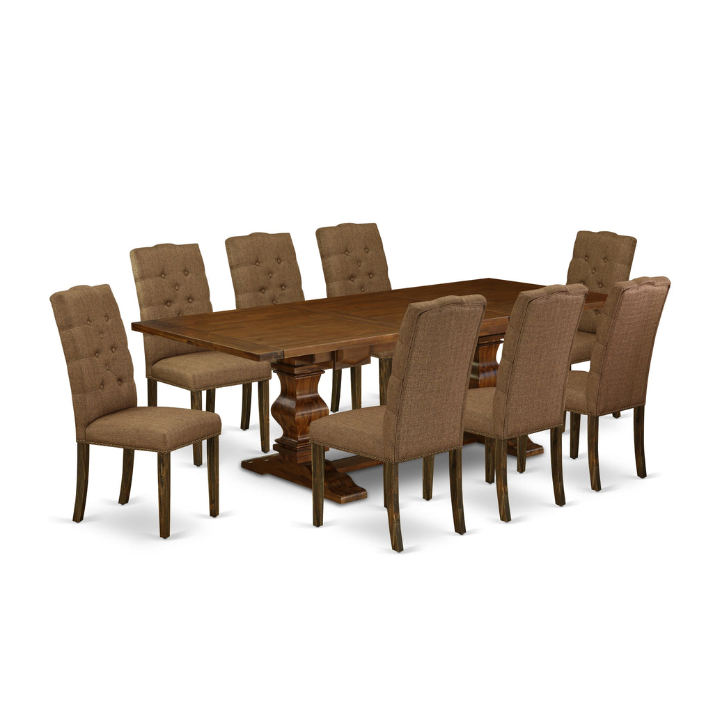 East West Furniture LAEL9-87-18 9 Piece Dining Table Set Includes a Rectangle Kitchen Table with Butterfly Leaf and 8 Brown Linen Linen Fabric Upholstered Chairs, 42x92 Inch, Walnut