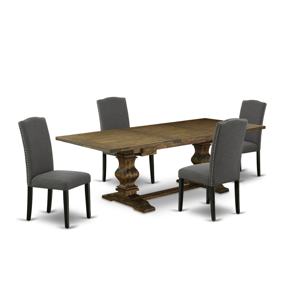 East West Furniture LAEN5-71-20 5 Piece Dining Set Includes a Rectangle Dining Room Table with Butterfly Leaf and 4 Dark Gotham Linen Fabric Upholstered Chairs, 42x92 Inch, Jacobean