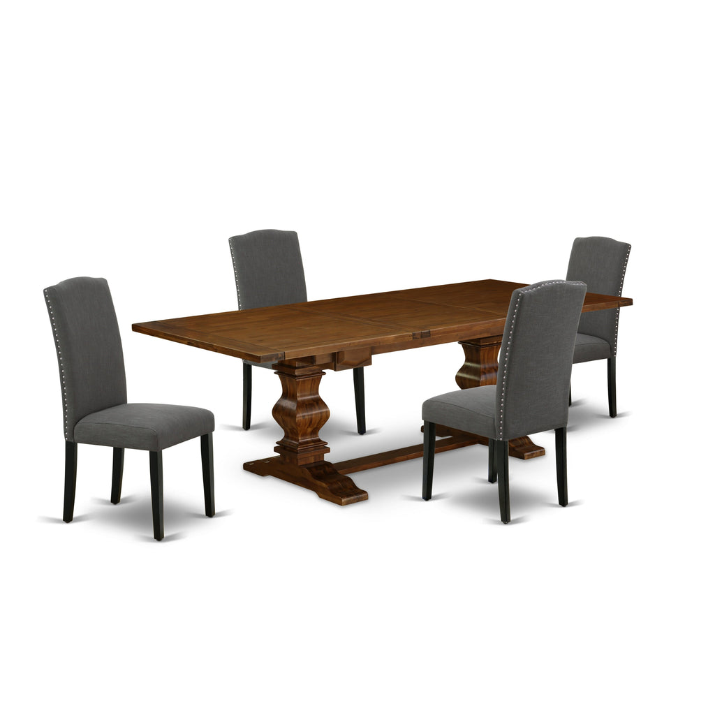 East West Furniture LAEN5-81-20 5 Piece Dining Table Set Includes a Rectangle Wooden Table with Butterfly Leaf and 4 Dark Gotham Linen Fabric Upholstered Chairs, 42x92 Inch, Walnut