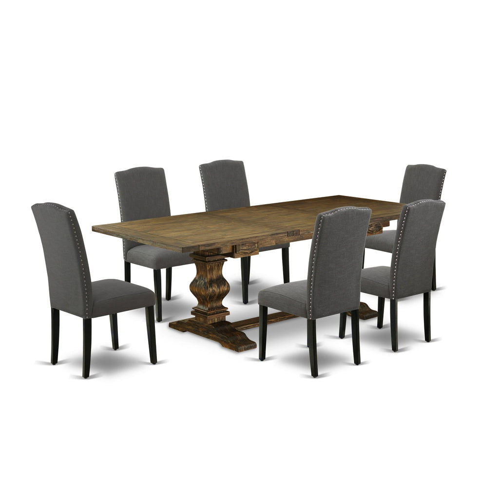 East West Furniture LAEN7-71-20 7 Piece Kitchen Table Set Consist of a Rectangle Dining Table with Butterfly Leaf and 6 Dark Gotham Linen Fabric Parson Chairs, 42x92 Inch, Jacobean