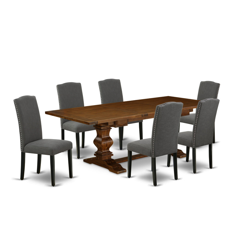 East West Furniture LAEN7-81-20 7 Piece Dining Table Set Consist of a Rectangle Butterfly Leaf Table and 6 Dark Gotham Linen Fabric Upholstered Chairs, 42x92 Inch, Walnut