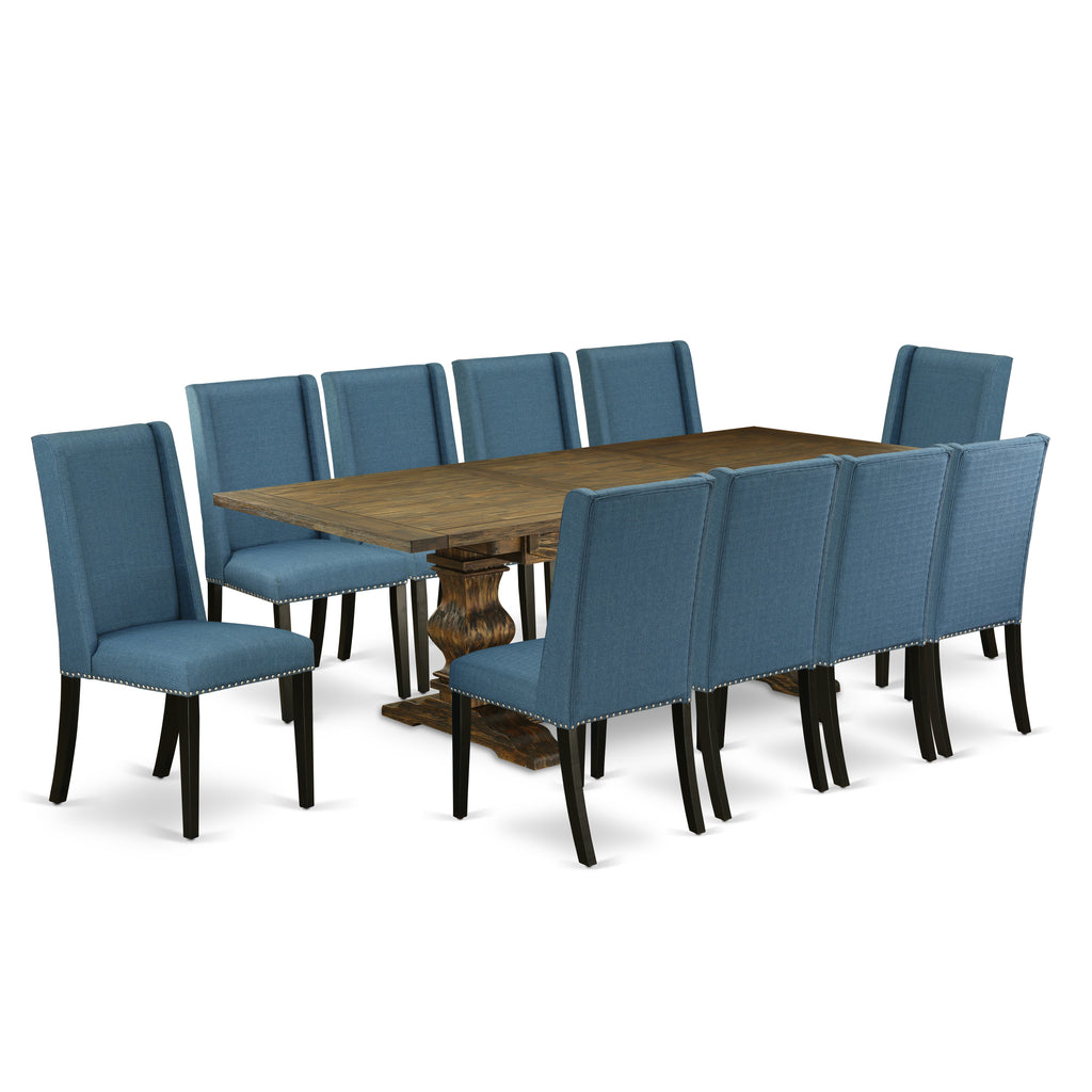 East West Furniture LAFL11-71-21 11 Piece Modern Dining Table Set Includes a Rectangle Wooden Table with Butterfly Leaf and 10 Blue Linen Fabric Upholstered Chairs, 42x92 Inch, Jacobean