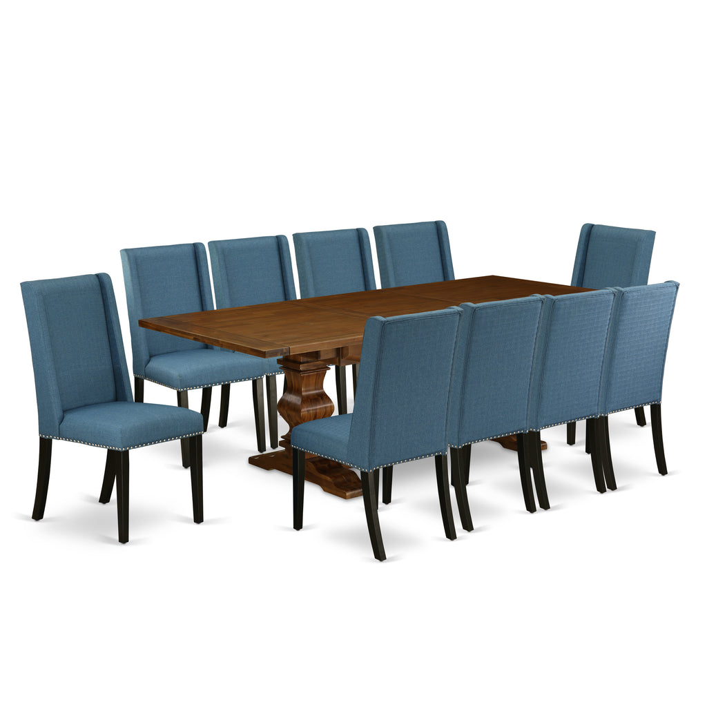 East West Furniture LAFL11-81-21 11 Piece Dining Table Set Includes a Rectangle Dining Room Table with Butterfly Leaf and 10 Blue Linen Fabric Upholstered Chairs, 42x92 Inch, Walnut