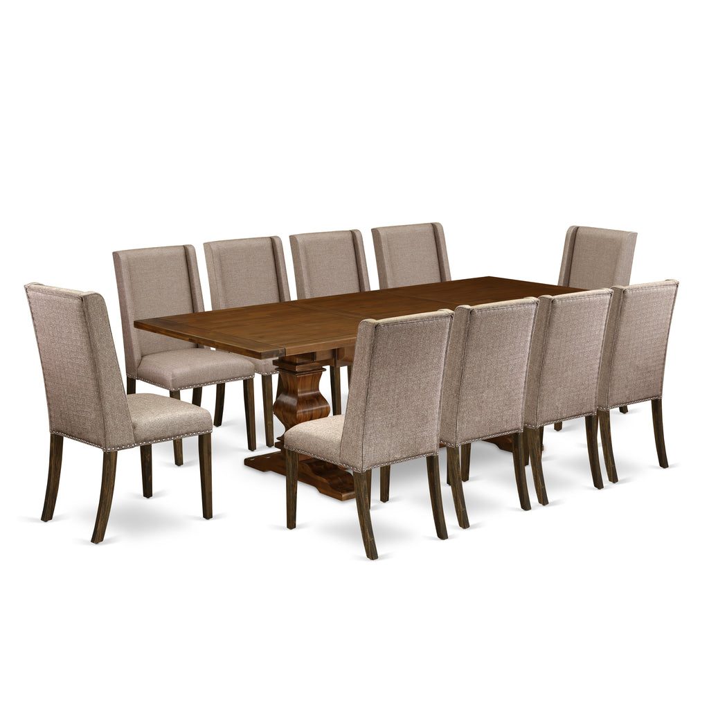 East West Furniture LAFL11-87-16 11 Piece Dinette Set Includes a Rectangle Dining Table with Butterfly Leaf and 10 Dark Khaki Linen Fabric Parson Dining Chairs, 42x92 Inch, Walnut