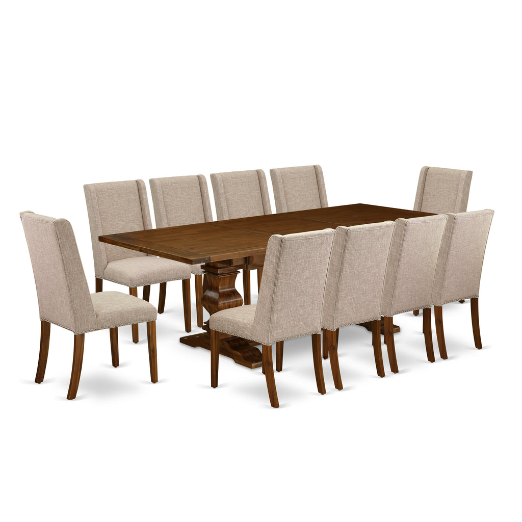 East West Furniture LAFL11-88-04 11 Piece Dinette Set Includes a Rectangle Dining Room Table with Butterfly Leaf and 10 Light Tan Linen Fabric Upholstered Chairs, 42x92 Inch, Walnut