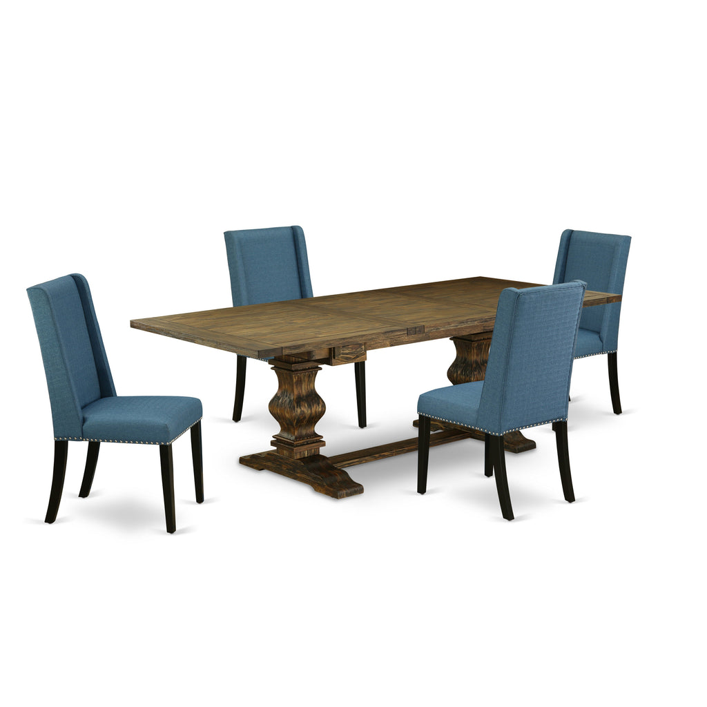 East West Furniture LAFL5-71-21 5 Piece Dining Table Set Includes a Rectangle Kitchen Table with Butterfly Leaf and 4 Blue Linen Fabric Parson Dining Chairs, 42x92 Inch, Jacobean