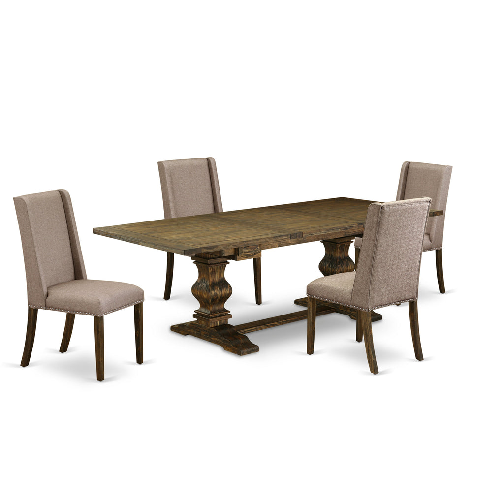 East West Furniture LAFL5-77-16 5 Piece Kitchen Table Set Includes a Rectangle Dining Room Table with Butterfly Leaf and 4 Dark Khaki Linen Fabric Parson Chairs, 42x92 Inch, Jacobean