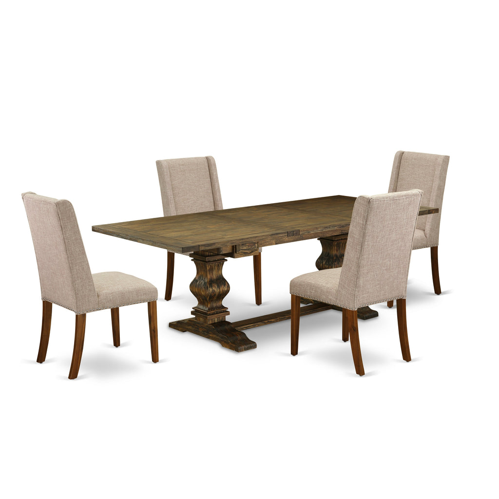 East West Furniture LAFL5-78-04 5 Piece Dining Table Set for 4 Includes a Rectangle Kitchen Table with Butterfly Leaf and 4 Light Tan Linen Fabric Parsons Chairs, 42x92 Inch, Jacobean
