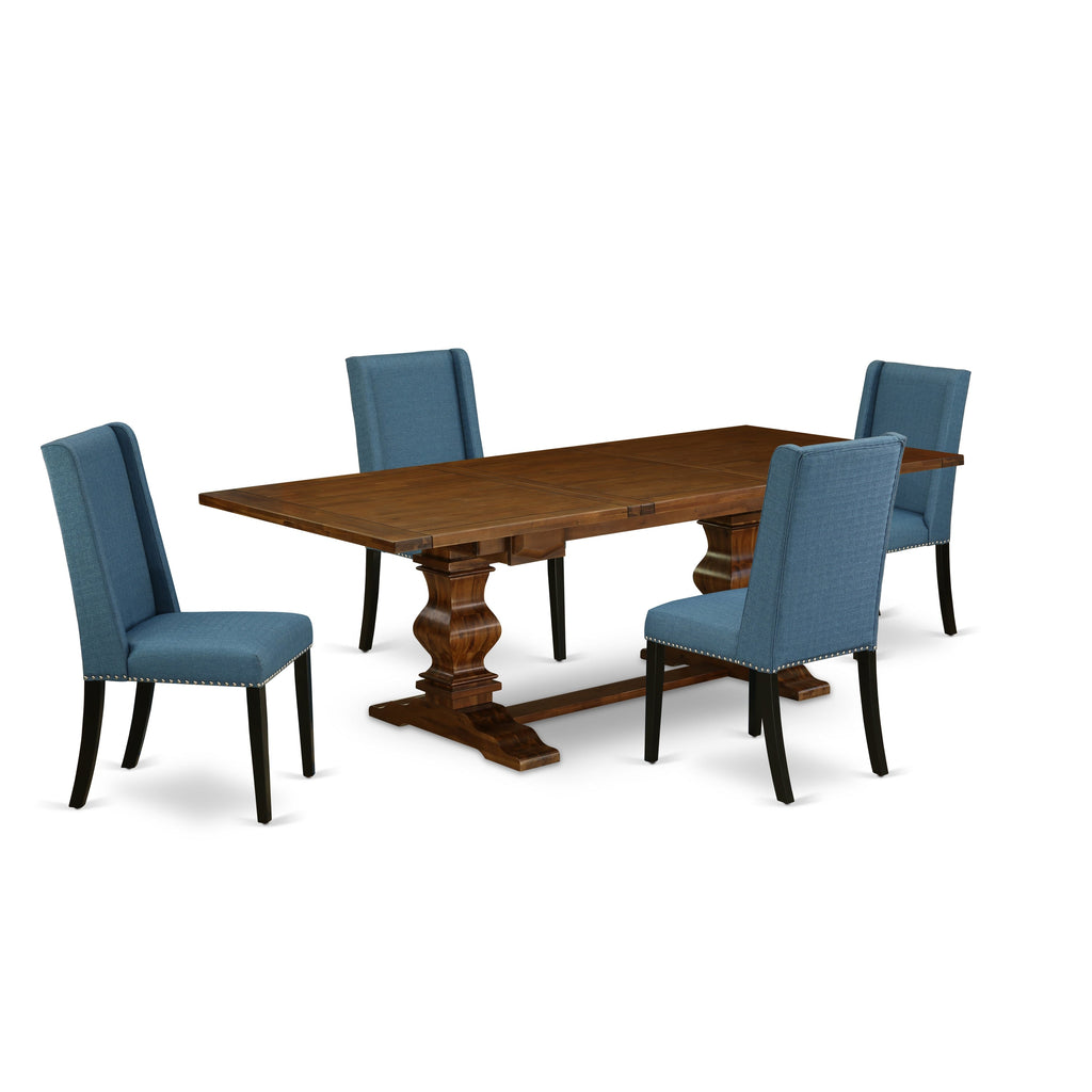 East West Furniture LAFL5-81-21 5 Piece Dinette Set Includes a Rectangle Dining Room Table with Butterfly Leaf and 4 Blue Linen Fabric Parsons Dining Chairs, 42x92 Inch, Walnut