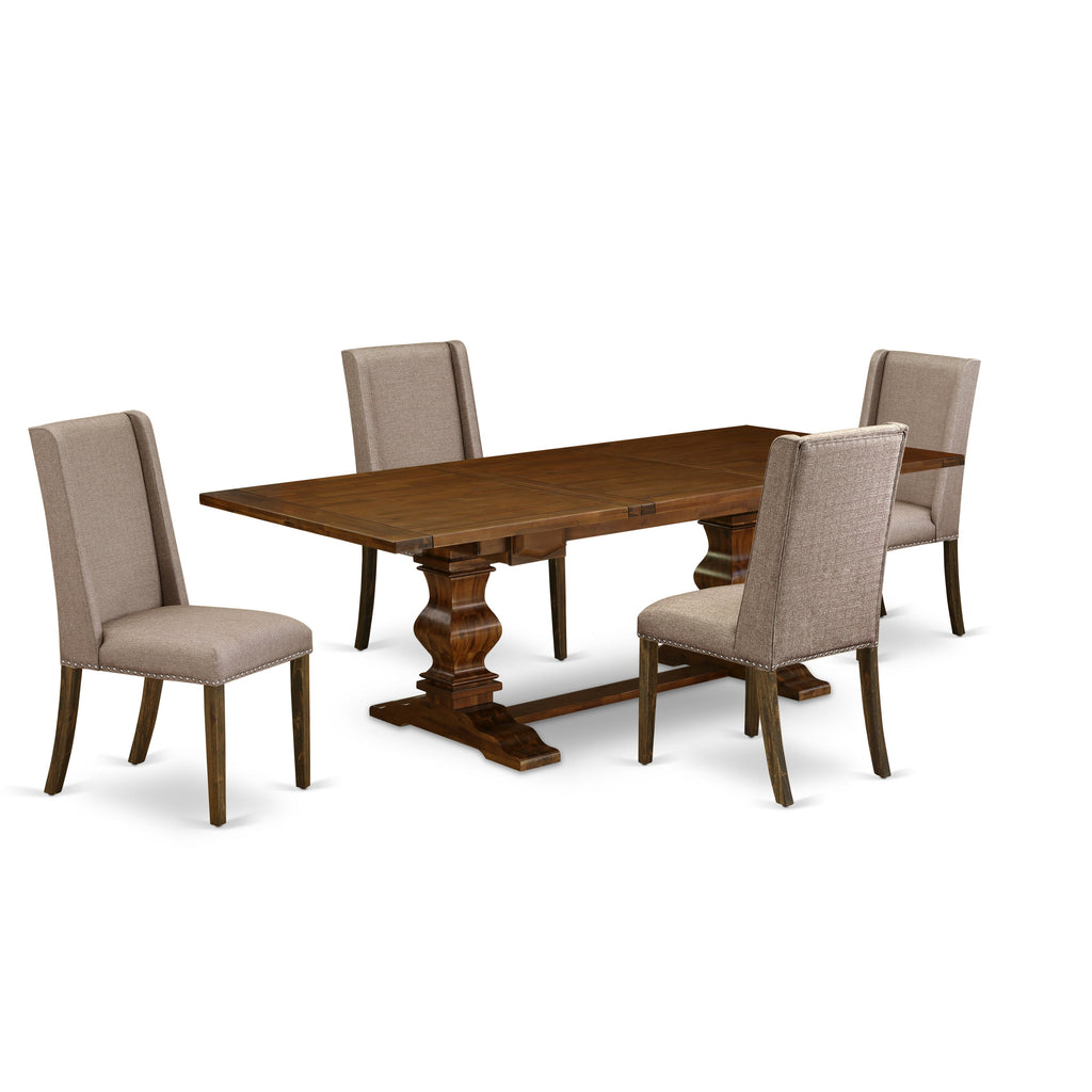 East West Furniture LAFL5-87-16 5 Piece Dining Table Set Includes a Rectangle Kitchen Table with Butterfly Leaf and 4 Dark Khaki Linen Fabric Upholstered Chairs, 42x92 Inch, Walnut