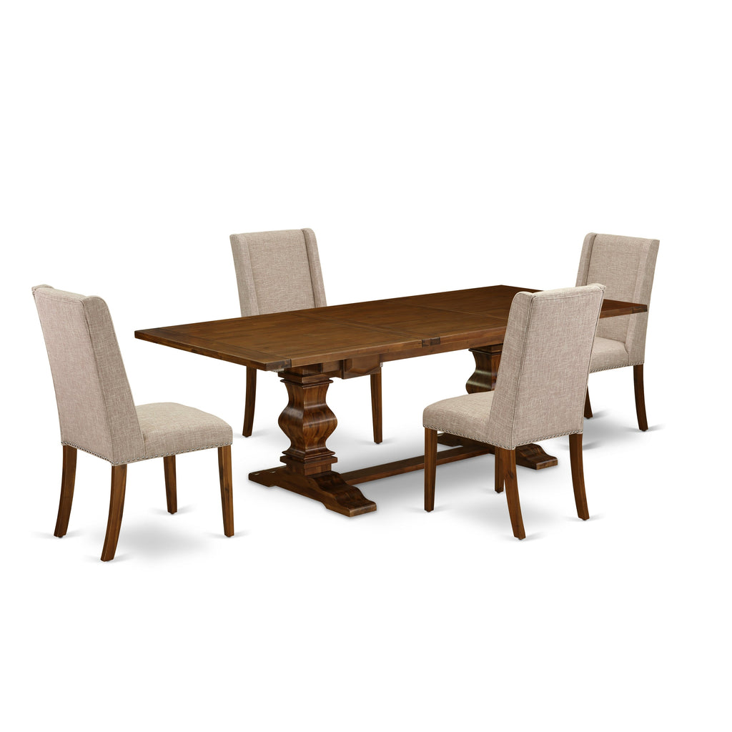 East West Furniture LAFL5-88-04 5 Piece Dining Set Includes a Rectangle Dining Room Table with Butterfly Leaf and 4 Light Tan Linen Fabric Upholstered Chairs, 42x92 Inch, Walnut